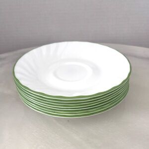 Lot of 8 Vintage CORELLE by Corning White Swirl With Green Rim Saucers 6.25”